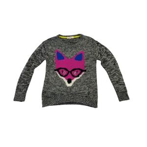 Rewind Women's Knit Sweater Sz Small Cute Fox Glasses Graphic Gray Black Pink